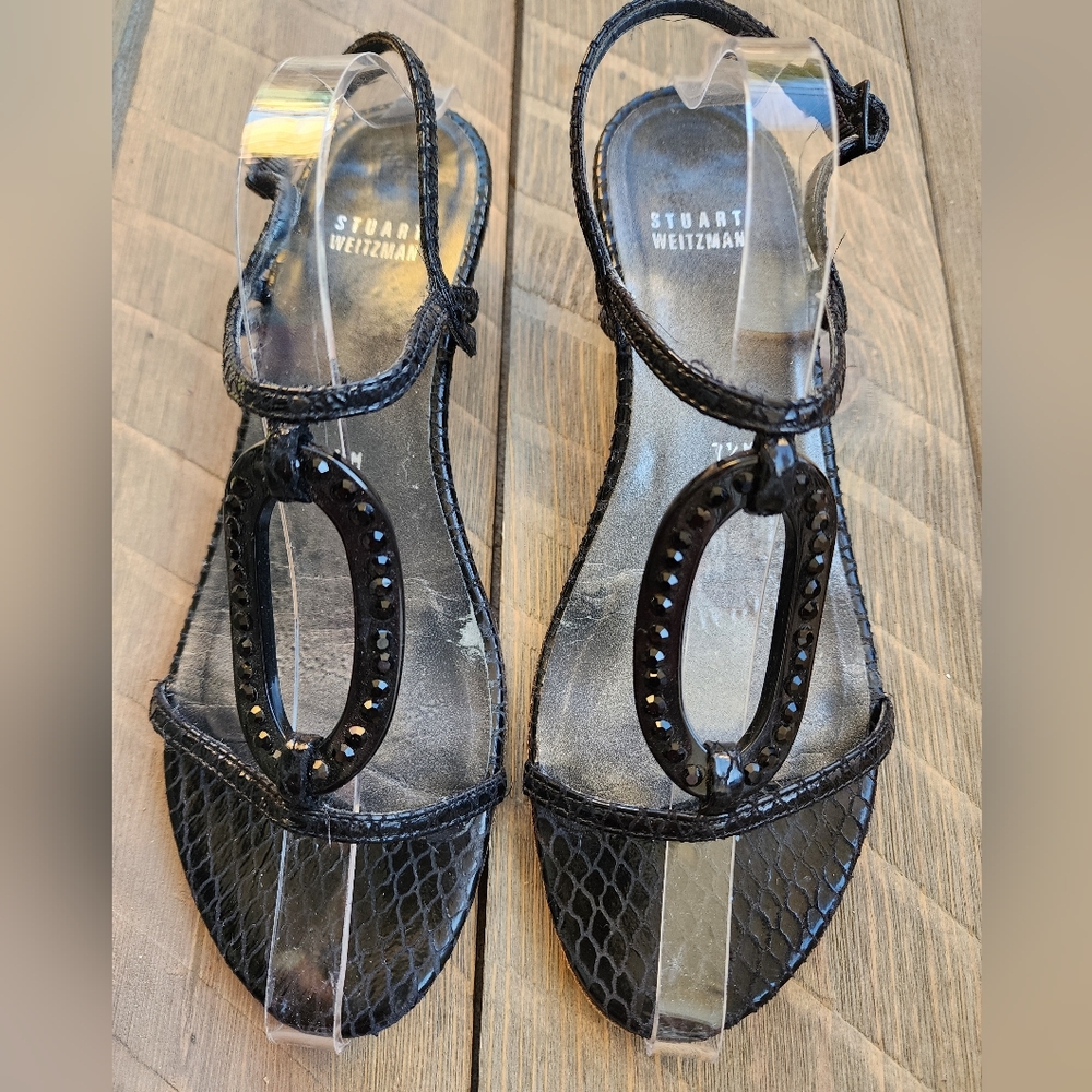Stuart Weitzman Black Embellished Wedge Sandals Sz 7.5